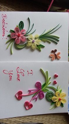 two handmade greeting cards with flowers and hearts for someone's special day or birthday