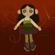 a digital painting of a girl with green eyes and headphones, holding her hands out to the side