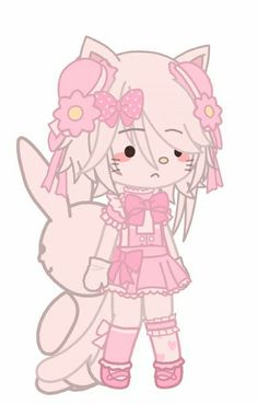 a drawing of a girl with pink hair and bows on her head holding a cat