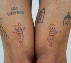 two people with tattoos on their legs