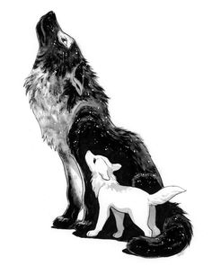 two wolfs standing next to each other in front of a black and white background