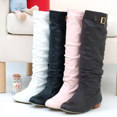 Soft Leather Buckle Tall Boots Low Heels for Women 3953 Knee High Winter Boots, High Winter Boots, Knee High Boots Winter, Riding Boots Fashion, Heels For Women, Low Heel Shoes, Womens Knee High Boots, Boots Fall, Leather Buckle