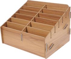 a wooden drawer with six compartments and two handles