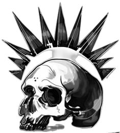 a black and white drawing of a skull with spikes on it's head,