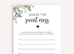 a printable guest card with the words guess the sweet mess