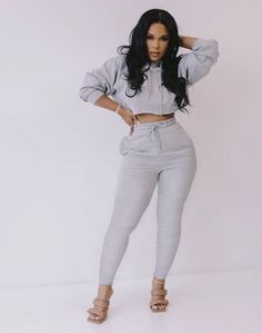 Women Long Sleeve Hoodie Crop Top+jogger Pants Sport Suit Gray Fashion, Crop Top Hoodie, Tracksuit Women, Orange Fashion, Yellow Fashion, Casual Sets, Solid Tops, Sport Pants, Grey Fashion