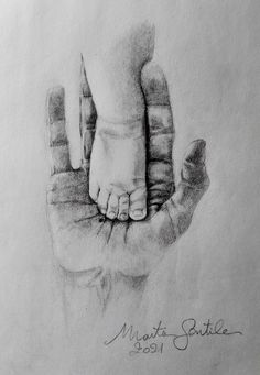 a drawing of a hand holding a baby's foot with the caption matts suitele