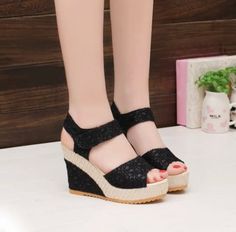 Open Toe Fish Head Wedge Sandals Lace Sandals, Casual Pumps, High Heel Slippers, Ankle Strap High Heels, Open Toe High Heels, Womens Sandals Summer, High Heel Wedges, Heel Slippers, Black Wedge Sandals