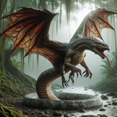 a large dragon sitting on top of a rock in the middle of a forest next to a river