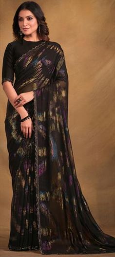 Black and Grey color Saree in Georgette fabric with Border work Elegant Fitted Multicolor Saree, Black Printed Saree, Saree With Lace Border, Grey Color Saree, Saree In Black, Wedding Black, Printed Saree, Georgette Fabric, Lace Border