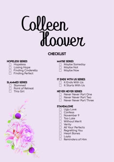 a checklist with flowers on it and the words collien doover written in black