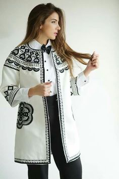 Very elegant jacket Traditional Romanian Clothing, Romanian Clothing, Algerian Clothing, Moroccan Fashion, Pakistani Dresses Casual, Mode Boho, Folk Fashion, Stylish Dresses For Girls