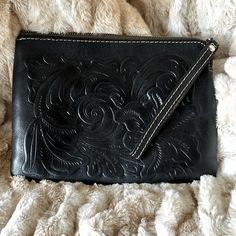 Nwot - Perfect Condition. Beautiful Black Tooled Leather Wrist Wallet Can Be Taken On The Go And Worn With Anything. Super Cute! 7”X9” Black Clutch With Coin Pocket For Daily Use, Black Leather Clutch With Coin Pocket, Hand Tooled Bifold Clutch For Everyday Use, Wrist Wallet, Tooled Leather, Leather Tooling, The Go, Bag Lady, Super Cute