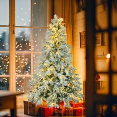 a lit christmas tree sitting in front of a window