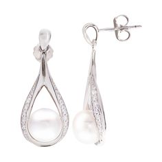 Adorned with freshwater cultured pearl center stones and white topaz accents, these sterling silver teardrop earrings are altogether gorgeous. Adorned with freshwater cultured pearl center stones and white topaz accents, these sterling silver teardrop earrings are altogether gorgeous. EARRING DETAILS Length: 1.25 in. Backings: post Metal: sterling silver Finish: polished Plating: rhodium Packaging: boxedCULTURED PEARL DETAILS Type: freshwater Size: 8.5-9 mm Shape: button Color: whiteSTONE DETAIL Formal White Teardrop Earrings With Diamond Accents, Teardrop Pearl Earrings In Diamond White For Anniversary, Teardrop Diamond White Pearl Earrings For Anniversary, Teardrop Cubic Zirconia Pearl Earrings For Anniversary, Cubic Zirconia Teardrop Pearl Earrings For Anniversary, Diamond White Teardrop Pearl Earrings For Anniversary, Formal Teardrop Sterling Silver Pearl Earrings, Elegant Teardrop Pearl Earrings With Diamond Accents, Classic Teardrop Pearl Earrings With Diamond Accents