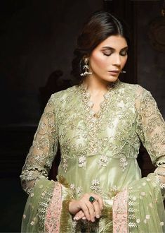 Beautiful dress in chiffon by Ayra in light pistachio green and pink color Chiffon Suit, Patches Shirt, Chiffon Collection, Pistachio Green, Net Dupatta, Chiffon Shirt, Green And Pink, Hand Work, Embroidered Silk