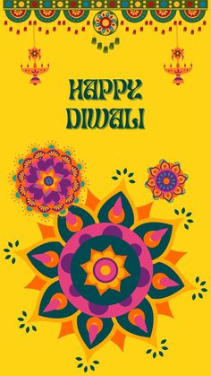 happy diwali greeting card with colorful flowers