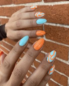 Pastel Blue And Orange Nails, Vacation Nail Designs, Summery Nails, Cute Gel Nails, Vacation Nails, Bright Nails, Beach Getaway, Neon Nails, Beach Nails