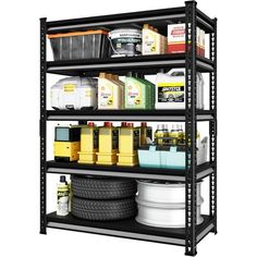 the shelving unit is filled with different types of cleaning products and other household items