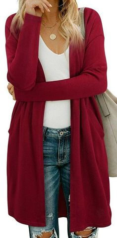 OUGES Women's Open Front Cardigan Shirt with Pockets Long Sleeve Lightweight Coat Teacher Clothing, Feminine Clothing, Cardigan Shirt, Ladies Clothing, Open Front Cardigan, Front Open, Sweater Outfits, Duster Coat, Women's Clothing