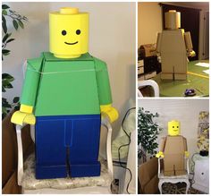 there is a lego man sitting in a chair made out of cardboard and paper mache