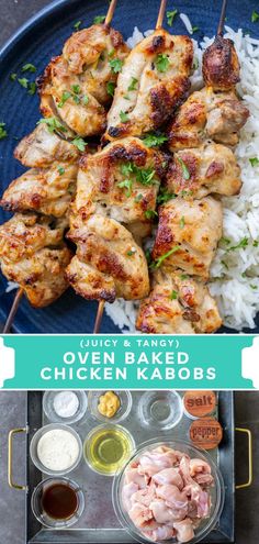 chicken kabobs on skewers with rice and sauces