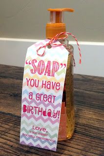 a soap bottle with a tag on it that says soap you have a great birthday