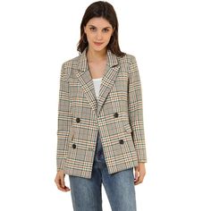 Pump up your power suit look with this Flap Pockets Plaid Pattern Blazer. Get yourself in a bold blazer with a double-breasted silhouette. Classic plaid patterns with a notched lapel and double-breasted closure blazer. Match jeans for a casual look, or pair it with a smart midi skirt for a boss lady vibe. All prepped up for the coming season, this double-breasted tartan jacket is loaded with styling options. These fashionable clothes for women can not only be worn daily but can also be easily ma Womens Plaid Blazer, Tartan Jacket, November Fashion, Formal Blazer, Work Formal, Blazer White, Fashionable Clothes, Power Suit, Checked Blazer