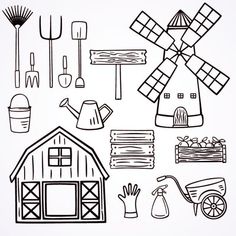 an image of farm related items drawn in black and white