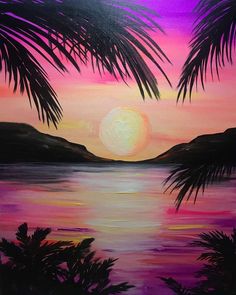 a painting of palm trees in front of a sunset over the ocean with pink and purple colors