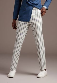 Paul Stuart Blue & Navy Stripe Cotton Pant Slim Fit Cotton Pants For Summer, Spring Relaxed Fit Bottoms With Vertical Stripes, Straight Pants With Vertical Stripes For Spring, Spring Straight Pants With Vertical Stripes, Spring Business Casual Cotton Bottoms, Spring Pants With Vertical Stripes And Relaxed Fit, Spring Pants With Vertical Stripes, Spring Striped Straight Pants, Spring Vertical Stripes Straight Pants