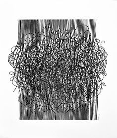 an abstract black and white painting with lines in the center, on a white background