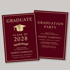 two maroon graduation party cards with gold lettering