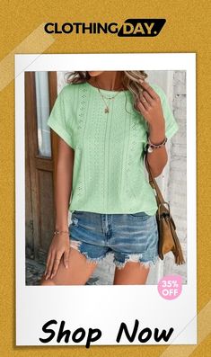 Eyelet Round Neck Short Sleeve T-shirt Solid Color Short Sleeve Shirt For Spring, Trendy Solid Color Short Sleeve Shirt, Summer Stretch Solid Color Shirt, Spring Crew Neck Stretch Knit Top, Green Solid Color T-shirt For Summer, Solid Green Top For Summer, Green Solid Color Summer Top, Stretch Short Sleeve Spring Tops, Stretch Short Sleeve Tops For Spring