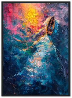 an abstract painting of a boat in the ocean at sunset with colorful clouds and blue water