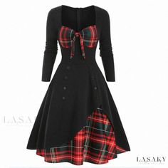 Lasaky - Color Block Double-Breasted Swing Dress Most Creative Halloween Costumes, Robes Vintage, Dress Sleeve Length, Elegant Party Dresses, Soft Dress, Neckline Designs, Sweetheart Dress, Creative Halloween Costumes, Gothic Dress