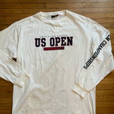 Super Dope 2007 Us Open Long Sleeve Tshirt. Vintage But Looks Brand New. Crispy White No Stains Or Fade Sporty Slogan Long Sleeve T-shirt, Sporty Long Sleeve Slogan T-shirt, Sports Long Sleeve Shirt With Letter Print, Graphic Tee Long Sleeve Sports Top, Long Sleeve Sports Shirt With Letter Print, Long Sleeve Screen Print Top For College, Sporty Long Sleeve Tops With Screen Print, College Long Sleeve Slogan T-shirt, College Graphic Long Sleeve Tee