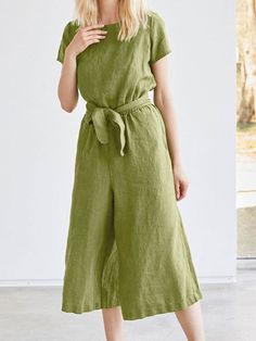 Solid Pocket Short Sleeve Wide Leg Jumpsuit with Belt Green Jumpsuits With Pockets For Vacation, Green Jumpsuits And Rompers With Pockets For Vacation, Belted Jumpsuits And Rompers For Spring, Green Vacation Jumpsuits With Pockets, Belted Jumpsuit For Spring, Casual Solid Belted Jumpsuits And Rompers, Short Sleeve Jumpsuits And Rompers With Pockets For Beach, Short Sleeve Solid Color Jumpsuits And Rompers For Beach, Solid Color Tie Waist Jumpsuits And Rompers For Beach