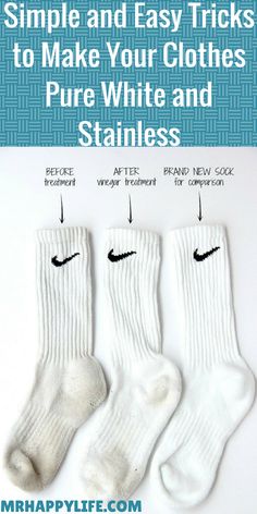 three pairs of white socks with black nike logo on them, labeled before after and after