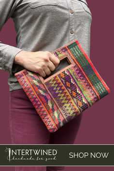 Fall Colors - Clutch Purse made with vintage handwoven textiles and vegetable-tanned leather Vintage Textile, Clutch Purse