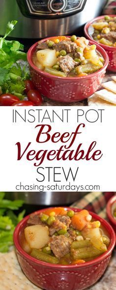 instant pot beef vegetable stew in front of an instant pot with vegetables and bread on the side