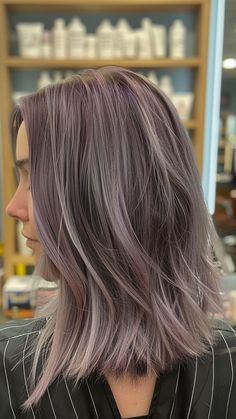 Gray Lilac Hair, Gray Hair With Purple Highlights Silver, Gray Transition Hair, Lavender Gray Hair, Greige Hair Color, Greyish Purple Hair, Dusty Lavender Hair, Pink Gray Hair, Dusty Purple Hair