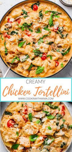 chicken tortellini with spinach and tomatoes in a skillet