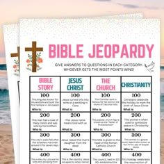 the bible jeepary poster is displayed on a beach