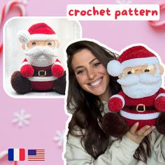 a woman holding a stuffed santa clause doll in front of an american flag background with the caption crochet pattern