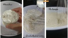 three pictures showing how to mix ingredients in a bowl