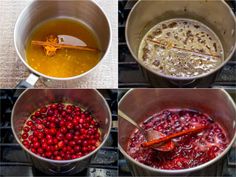 four pictures showing different stages of cooking cranberries and orange juice in pots on the stove