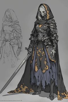 a drawing of a woman in armor with two swords and a skull on her head