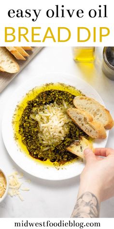 a white plate topped with bread and pesto