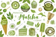 watercolor matcha clipart with green items